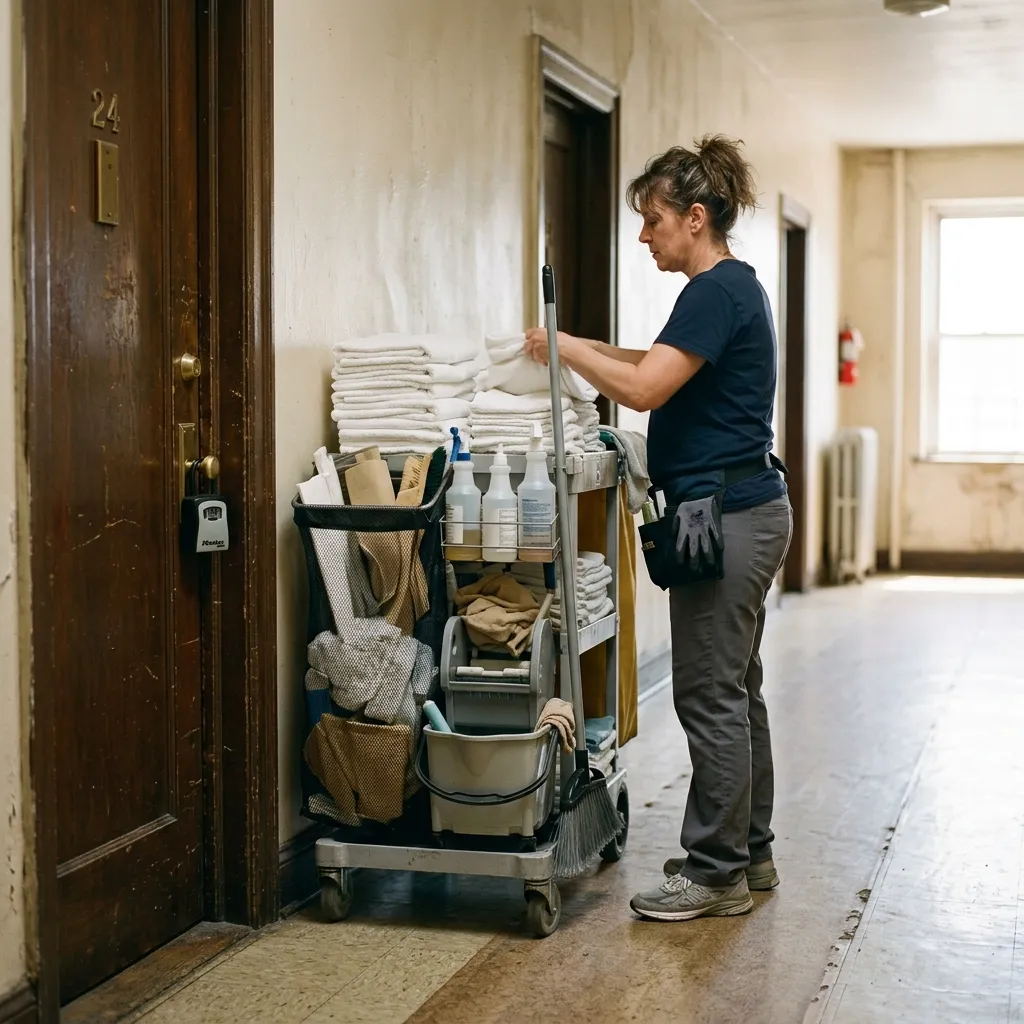 A stocked cleaning cart staged in a hallway outside an Airbnb unit door with a key lockbox