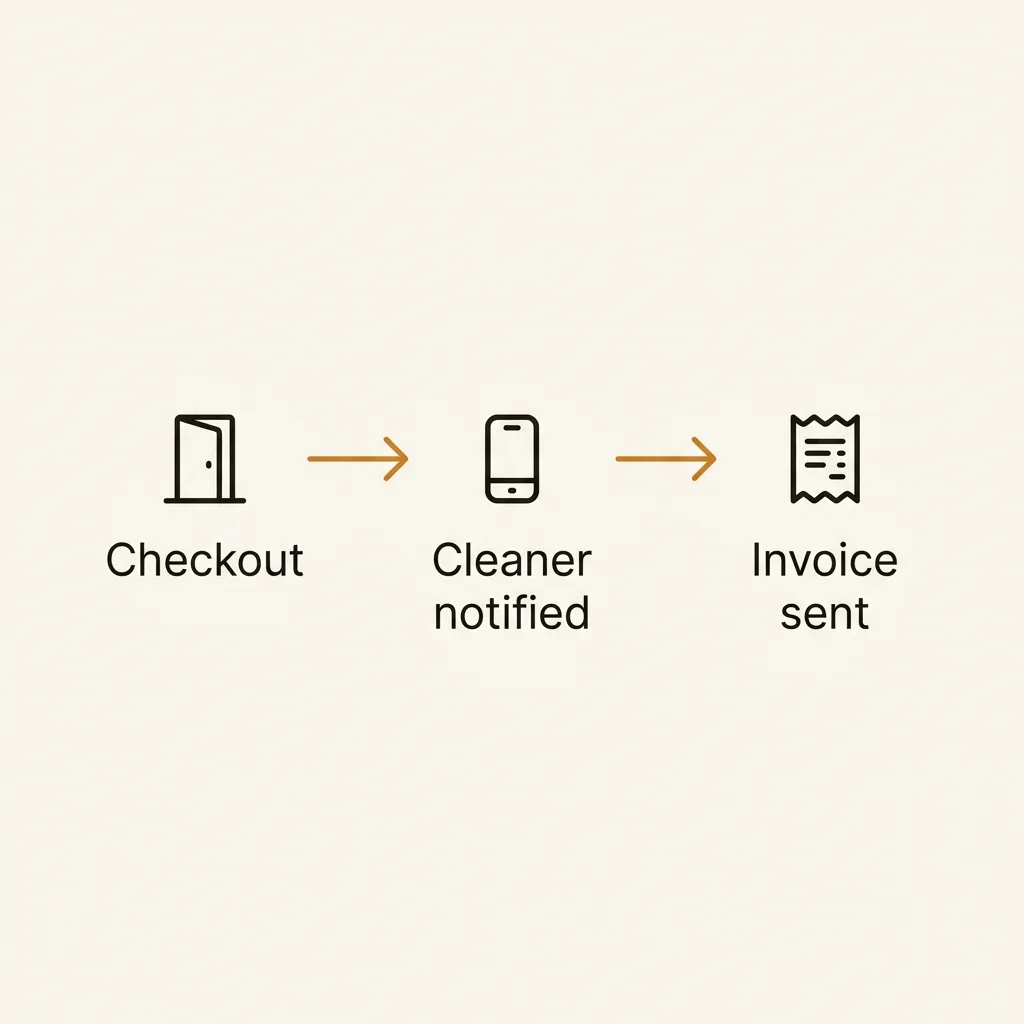 A three-step diagram: checkout, cleaner notified, invoice sent