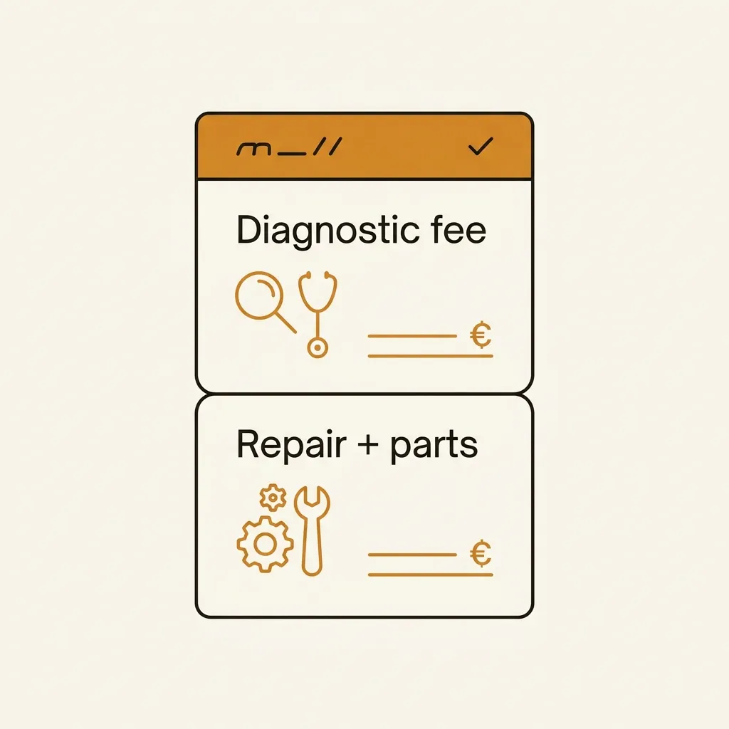 An invoice split into a diagnostic fee section and a repair-plus-parts section