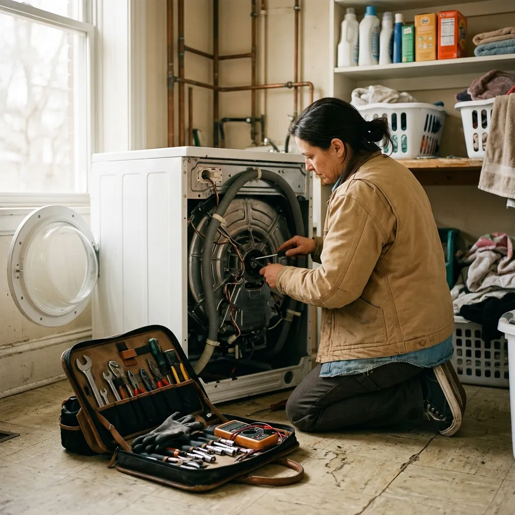 A repair technician's open toolkit beside a washing machine with its service panel removed