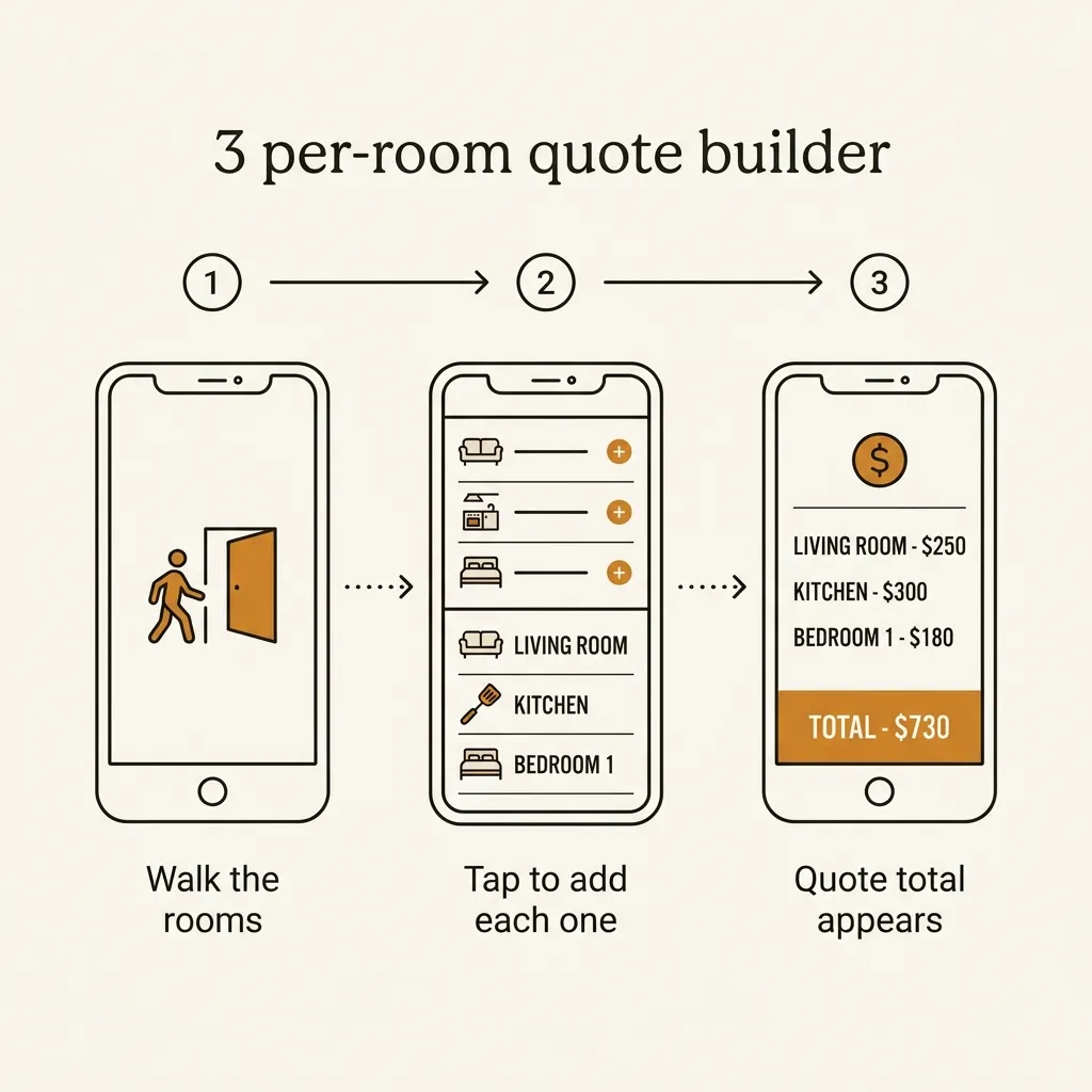 A per-room quote builder phone UI adding rooms to a total