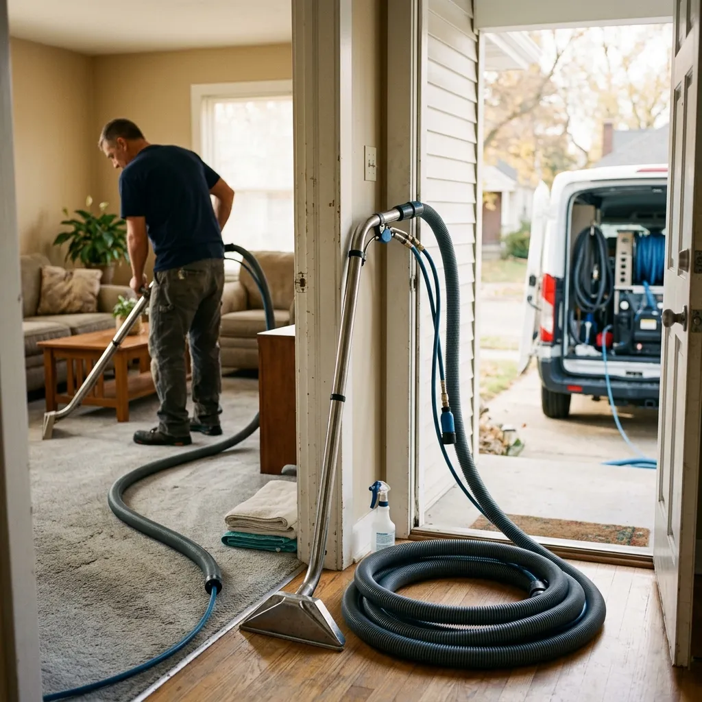 A carpet-cleaning wand and hose in a living room doorway with a truck-mount unit visible