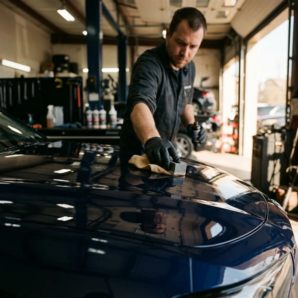 A detailer applying ceramic coating to a car hood under shop lighting