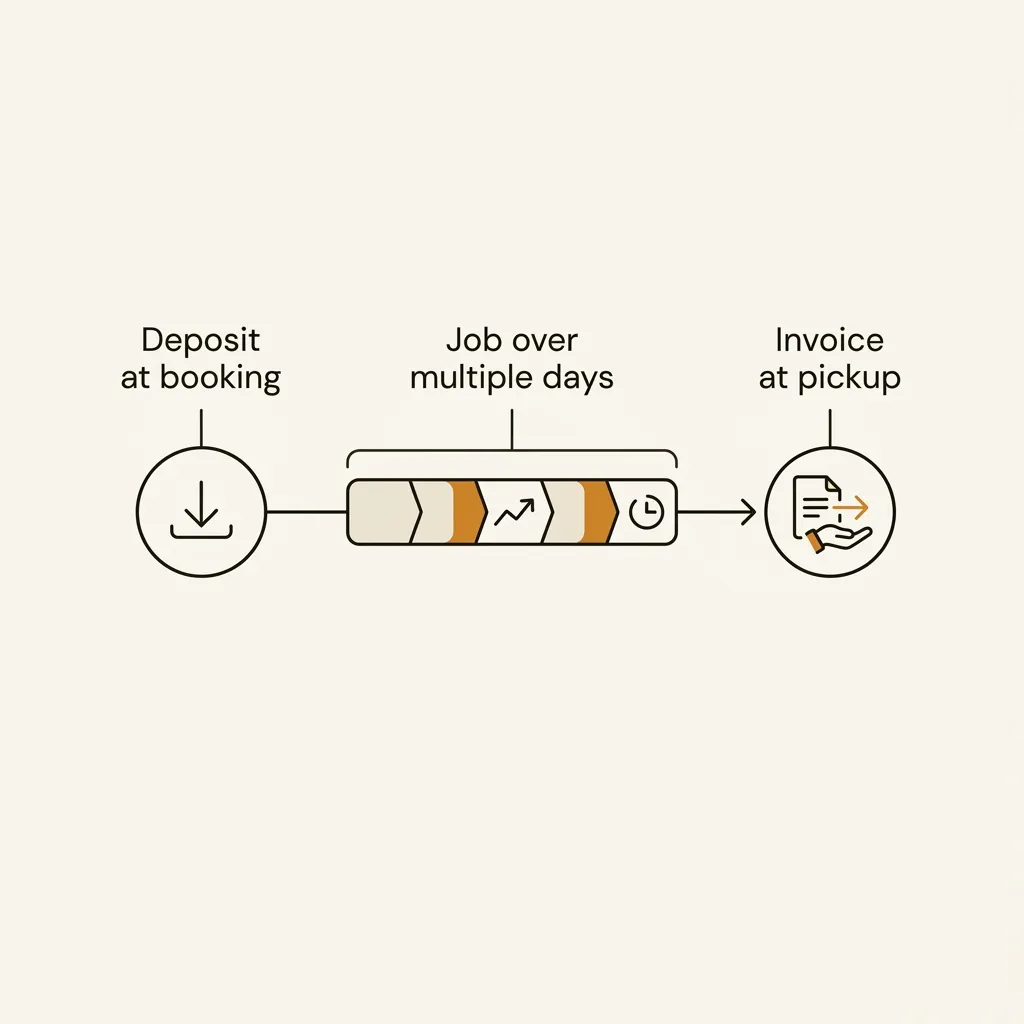 A booking flow from deposit to multi-day job to invoice at pickup