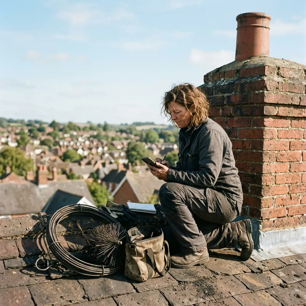 A chimney sweep on a rooftop beside a chimney writing up an inspection on a phone