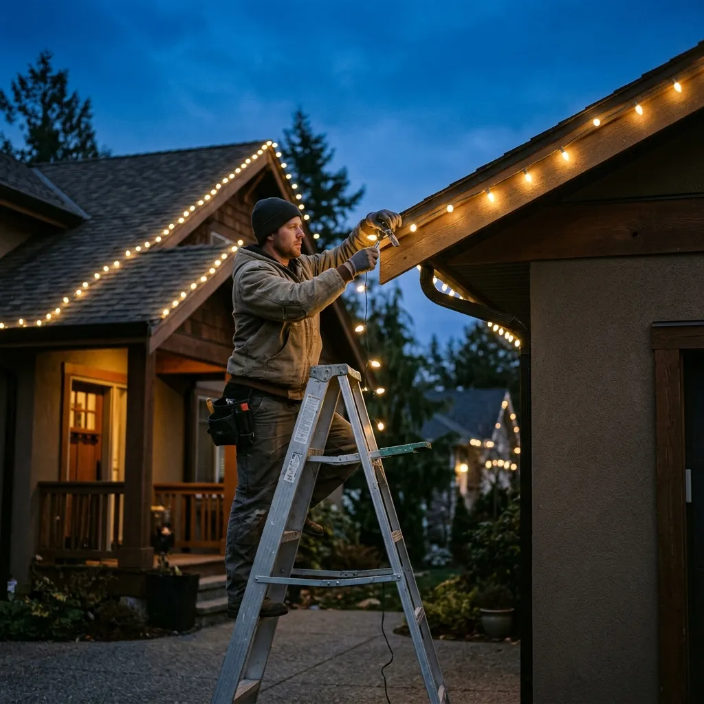A technician on a ladder hanging string lights along a roofline at dusk