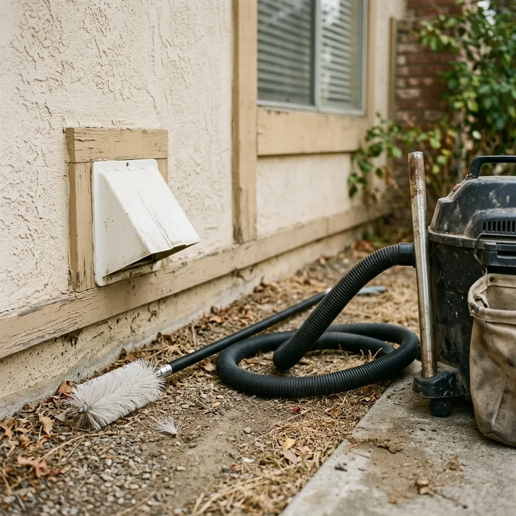 A dryer-vent brush and vacuum hose staged next to an exterior wall dryer vent