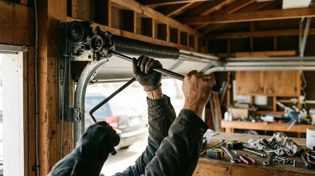 A technician working on a garage door spring and track mechanism