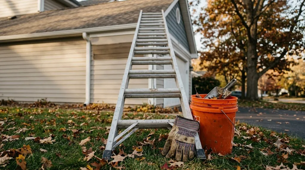 An extension ladder against a home's gutter with gloves and a debris bucket below
