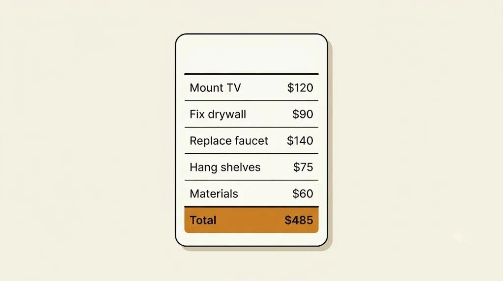 A single invoice with four task lines and one materials line