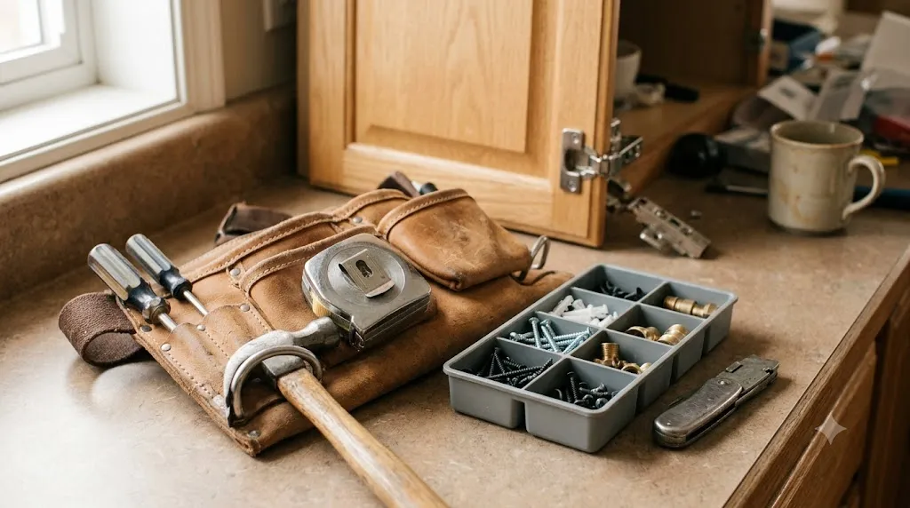 A handyman's tool belt and a small parts tray on a kitchen counter mid-repair