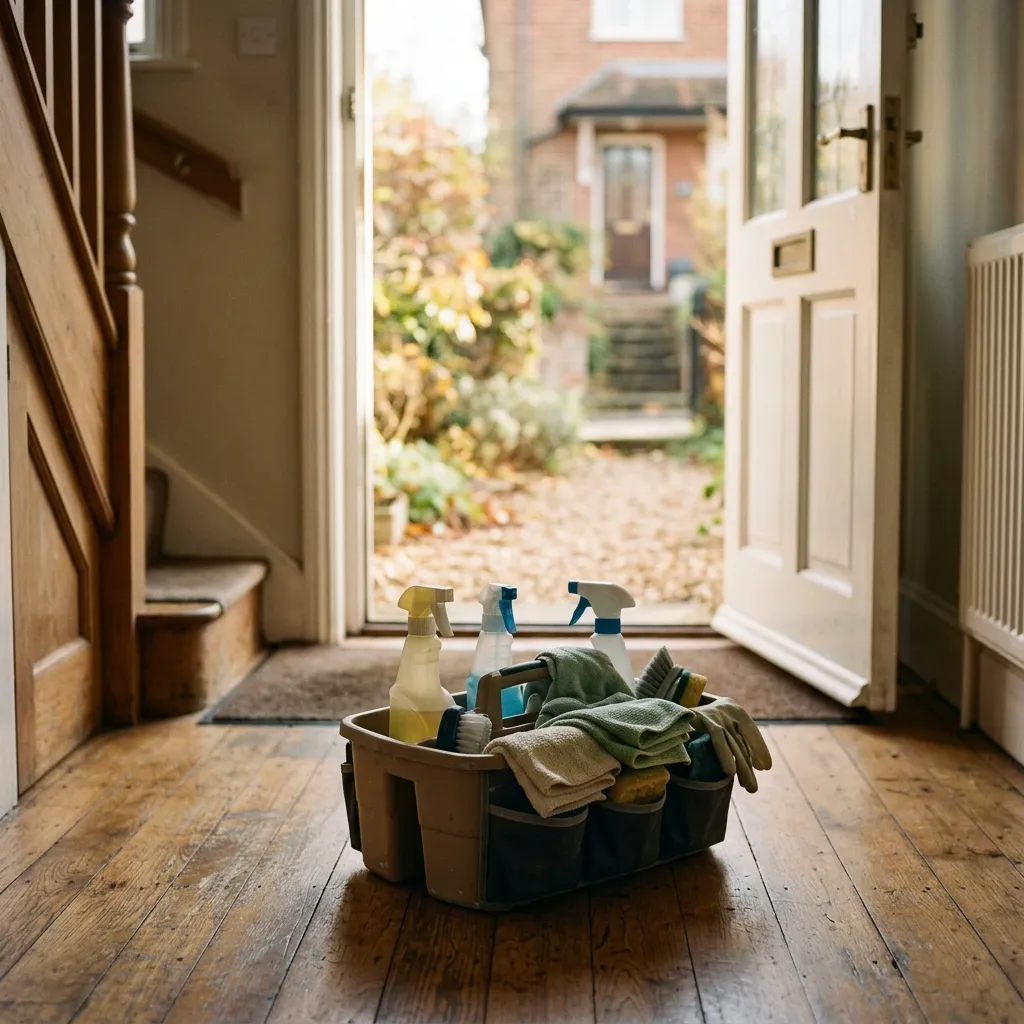A cleaning caddy of supplies set inside a home's front entryway mid-walkthrough