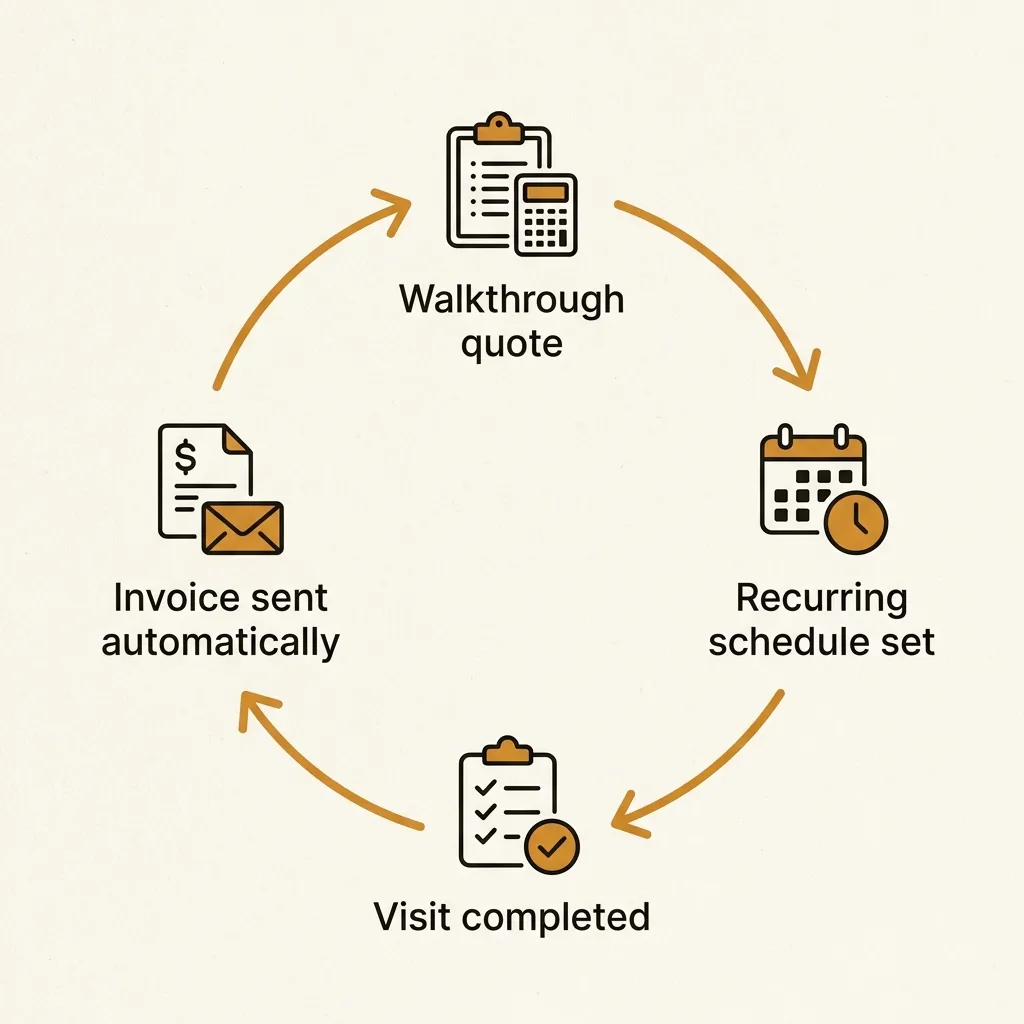 A recurring-cleaning cycle from walkthrough quote to automatic invoice