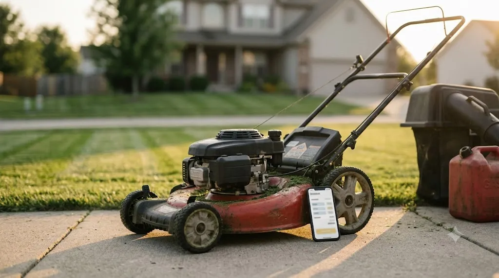 A push mower on a driveway beside a phone showing an invoice