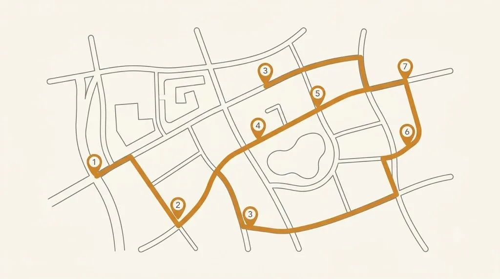 A weekly mowing route map connecting six to eight numbered stops