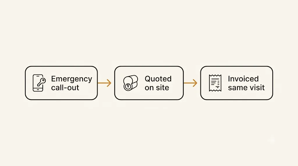 A single-visit flow: emergency call-out quoted and invoiced on site