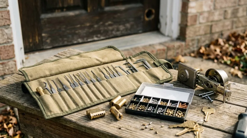 A locksmith's tool roll and rekeying kit on a doorstep