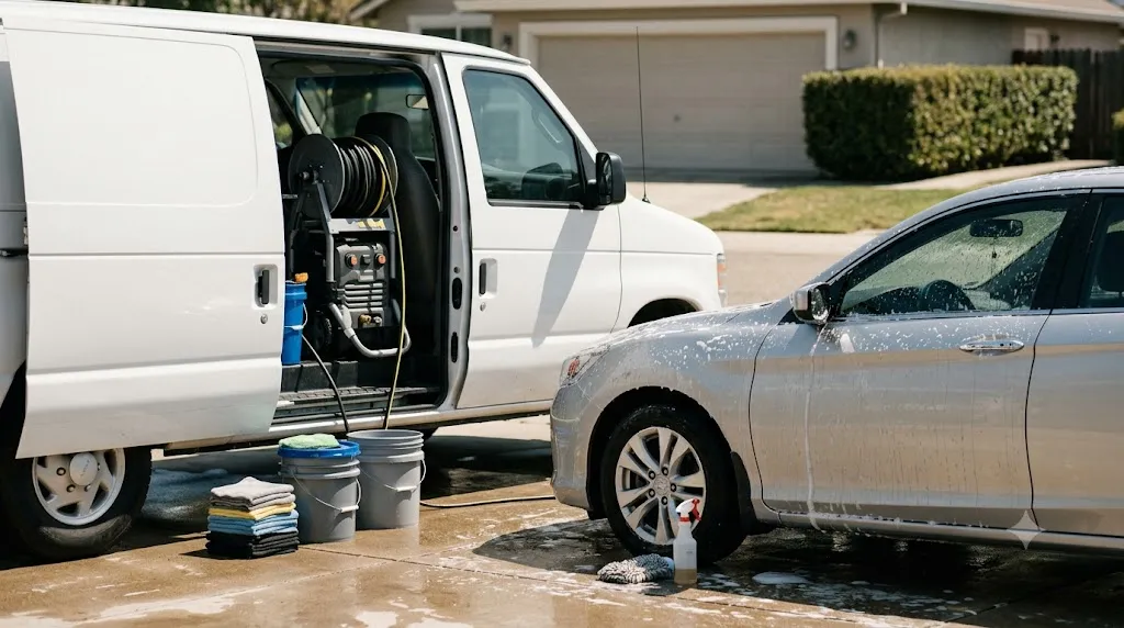 A mobile detailing van in a driveway with a hose and equipment beside a car