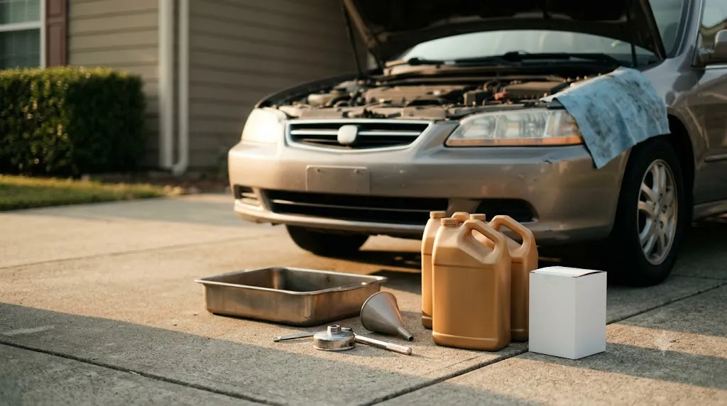 A mobile oil-change kit staged next to an open car hood in a driveway