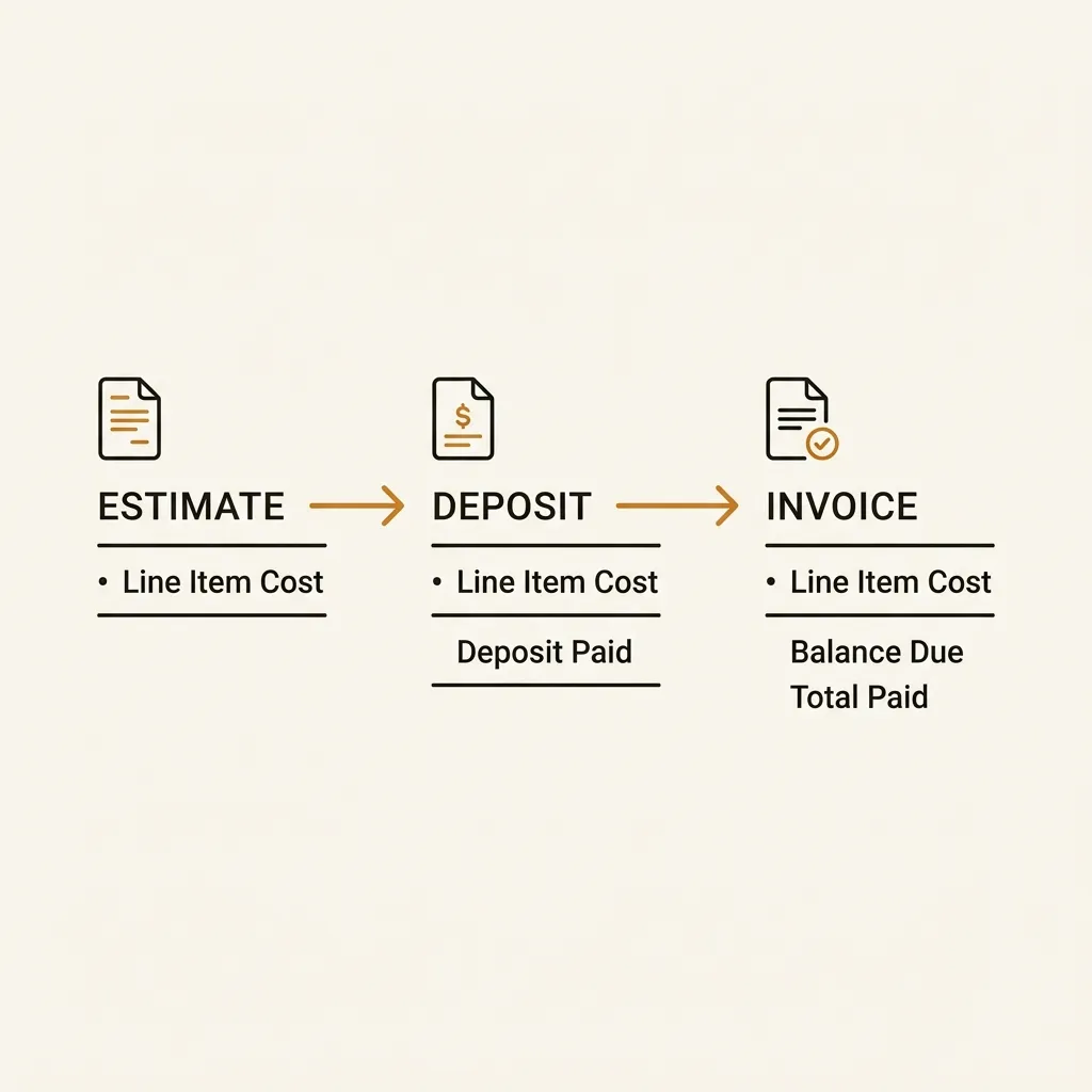 A flow from estimate to deposit to invoice with line items carried through