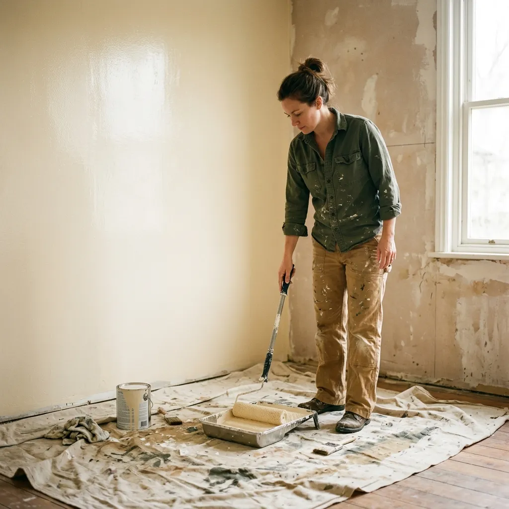 A paint roller and tray in a partially painted room with a drop cloth