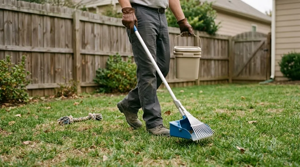 A pet-waste technician with a scoop and bucket working a residential backyard