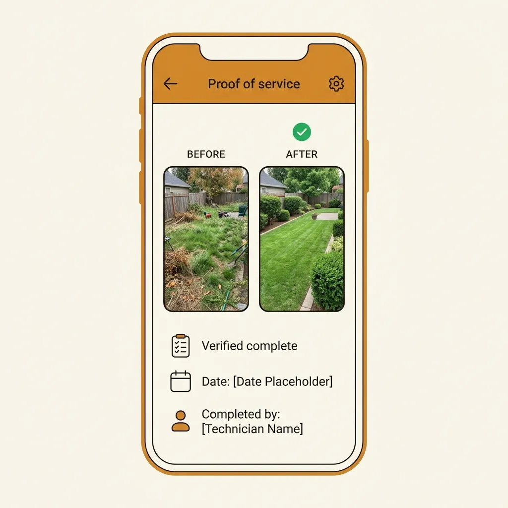 A phone app screen showing a before-and-after proof-of-service photo pair