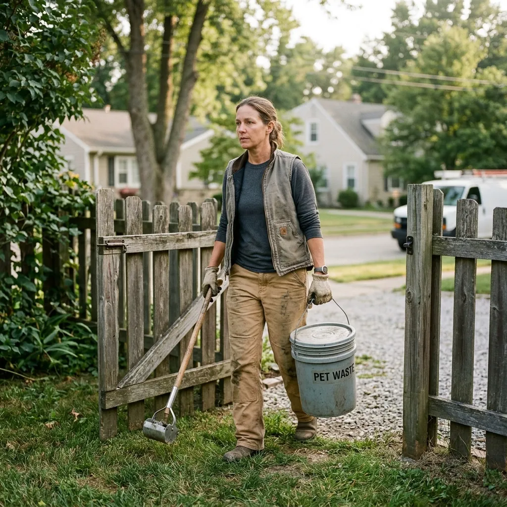 A pet-waste technician with a scooper and bucket at a backyard fence gate