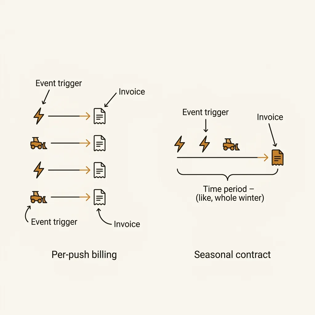 Two billing diagrams: per-push versus seasonal contract