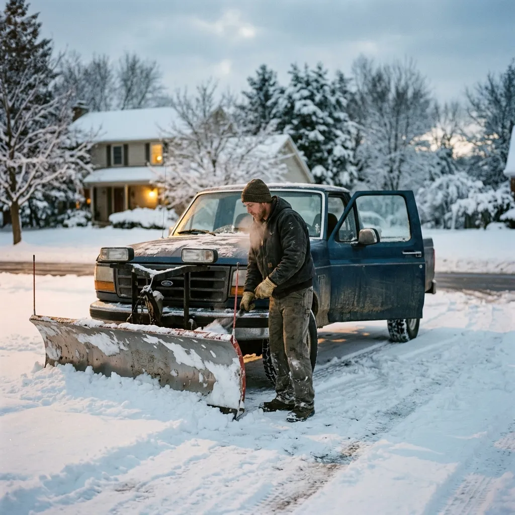 A pickup truck with a plow in a snow-covered driveway at dawn