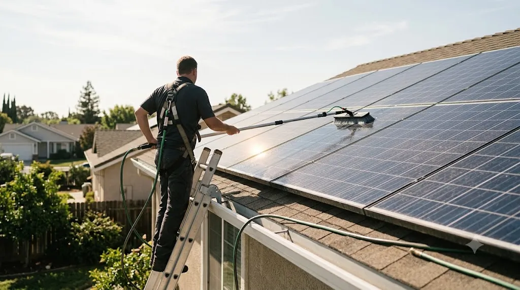 A technician on a ladder cleaning a rooftop solar array with a brush