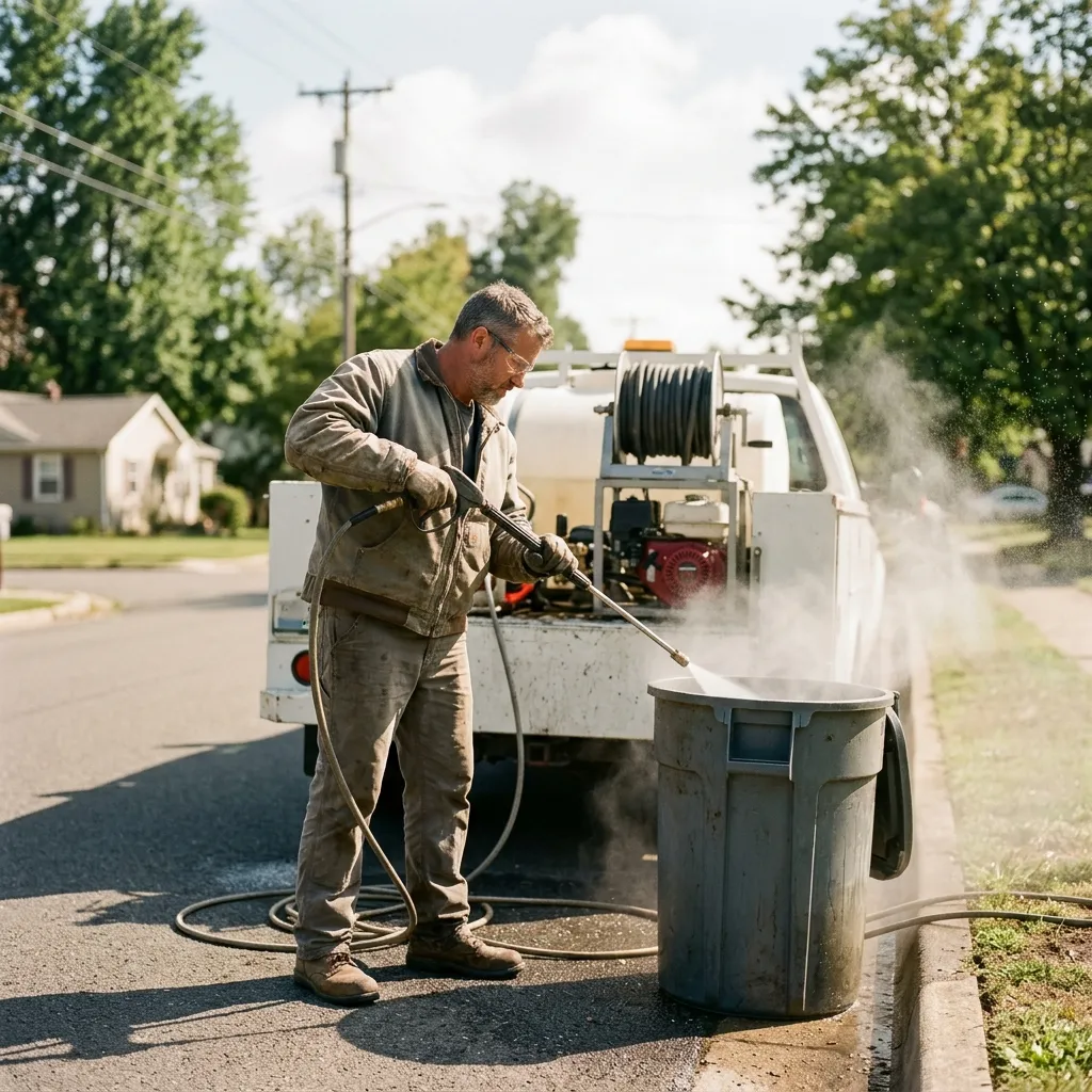 A truck-mounted pressure washer cleaning a residential trash bin at the curb