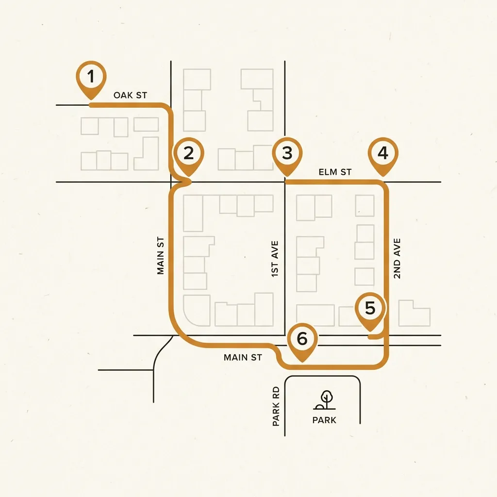 A neighborhood route map with numbered bin-cleaning stops