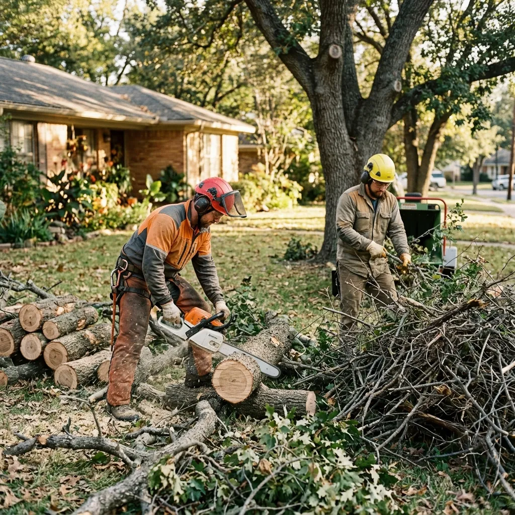 A small tree crew mid-removal in a residential yard with a chainsaw and brush pile