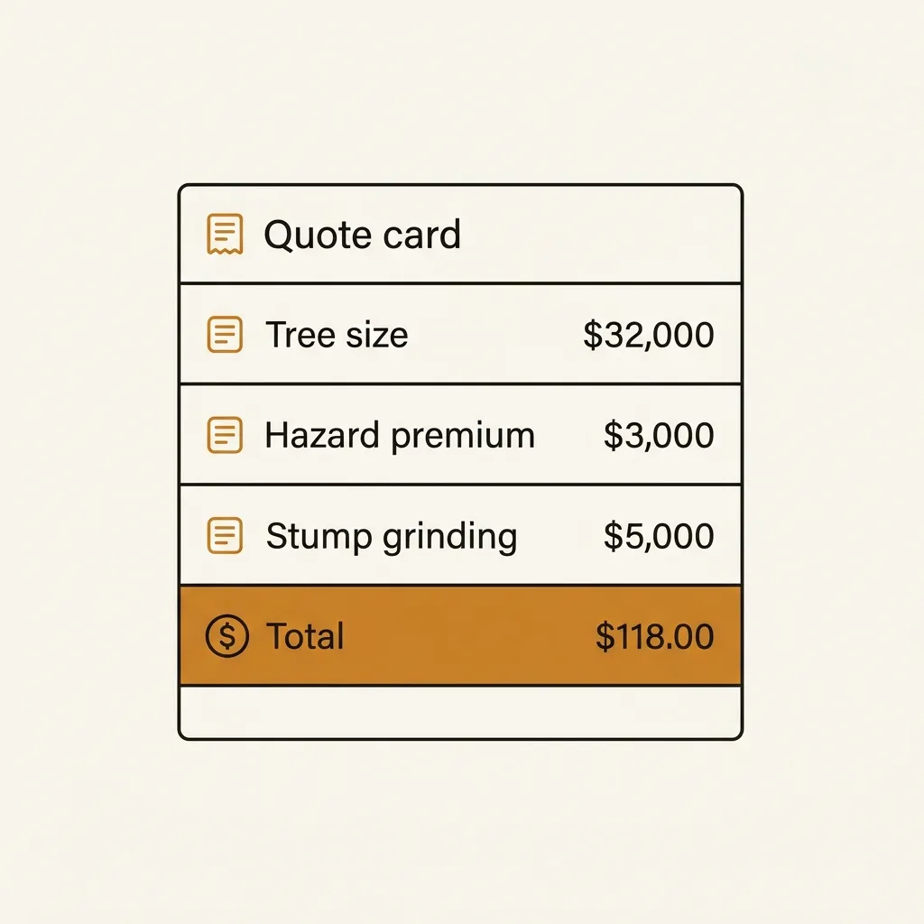 A removal quote broken into tree size, hazard premium, and stump grinding line items