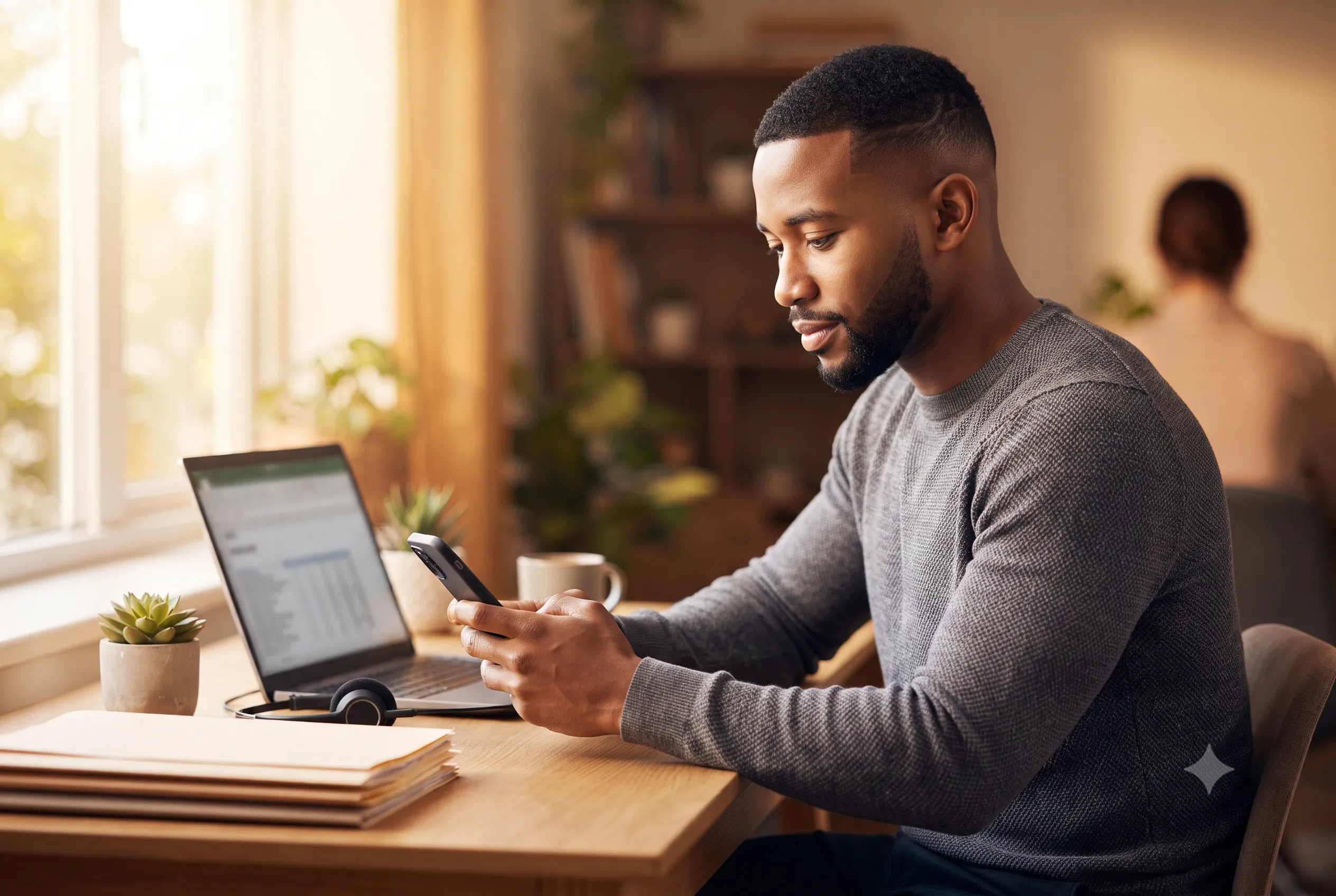 A virtual assistant at a home desk sending a retainer invoice from a phone