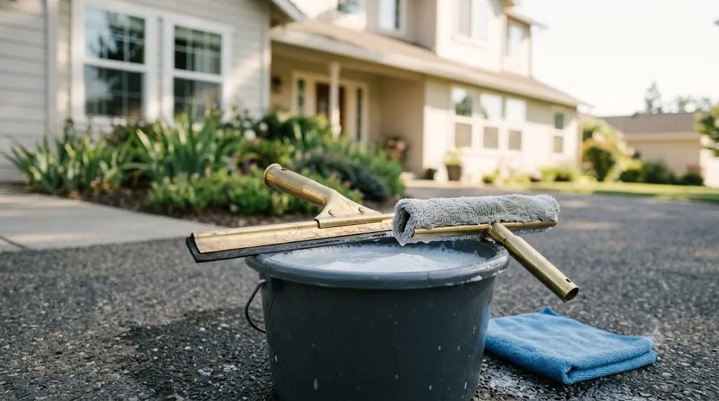 A squeegee and bucket on a driveway in front of a two-story house